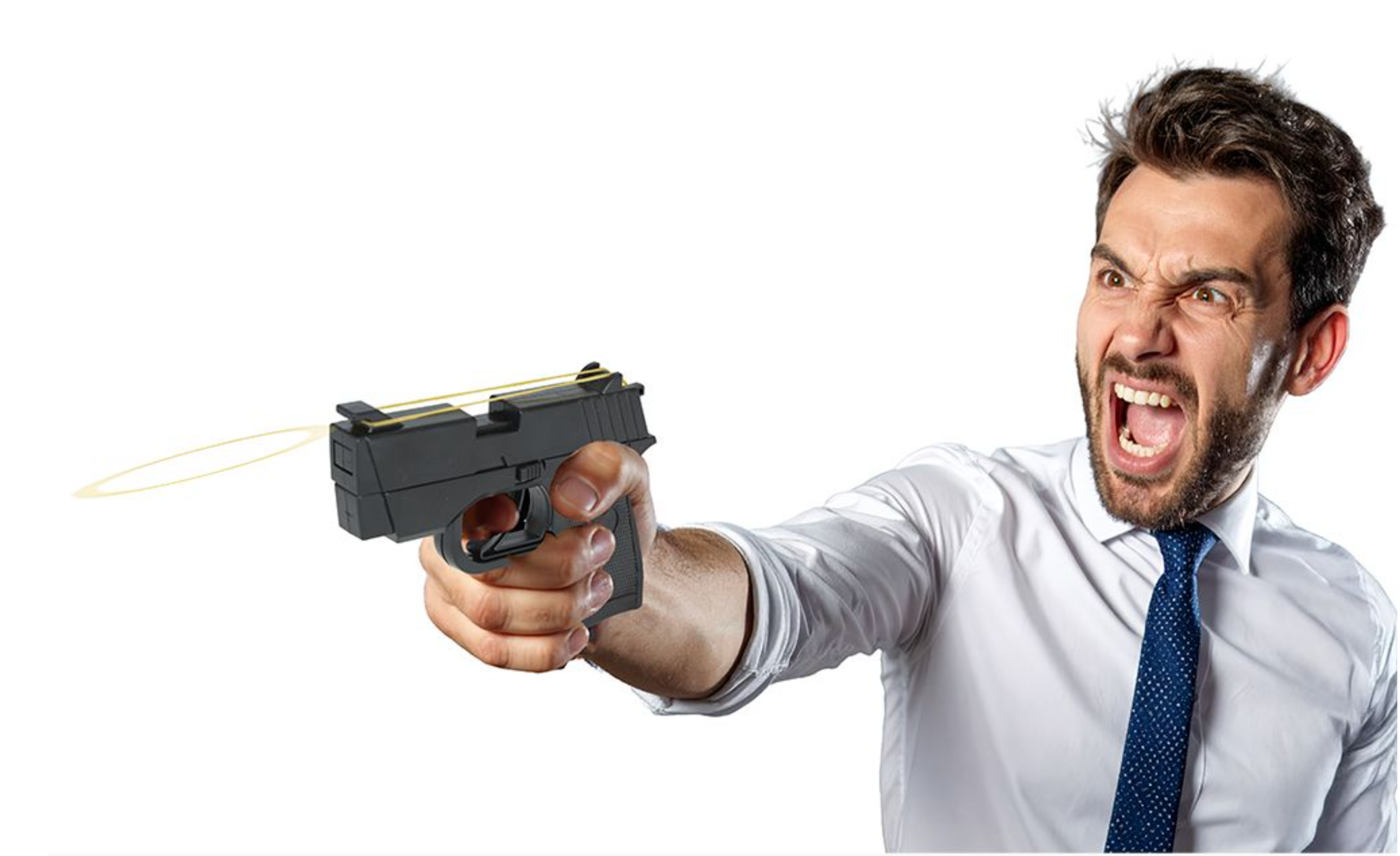 Le pistolet est en plastique noir et a la forme d'une arme de poing semi-automatique. Il fonctionne en utilisant des élastiques (bandes de caoutchouc) comme projectiles, qui sont inoffensifs.