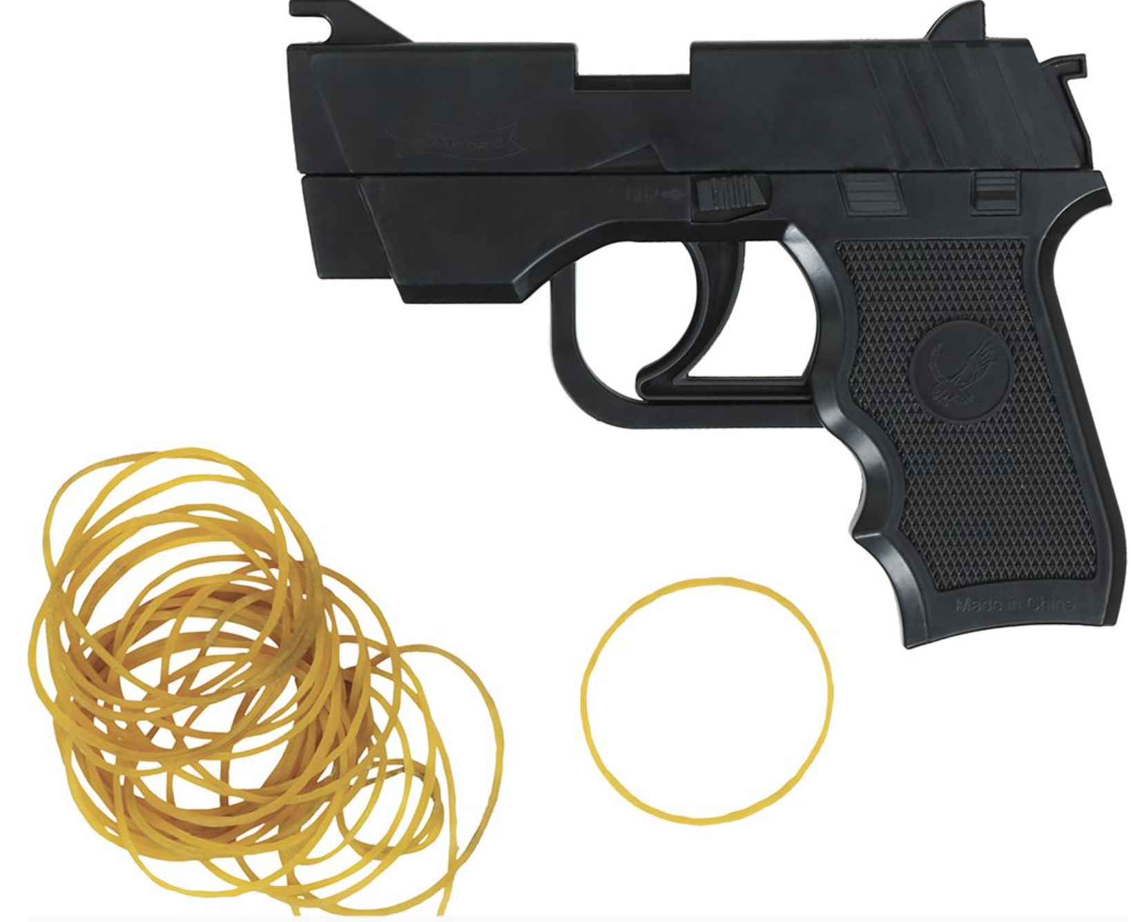 Le pistolet est en plastique noir et a la forme d'une arme de poing semi-automatique. Il fonctionne en utilisant des élastiques (bandes de caoutchouc) comme projectiles, qui sont inoffensifs.