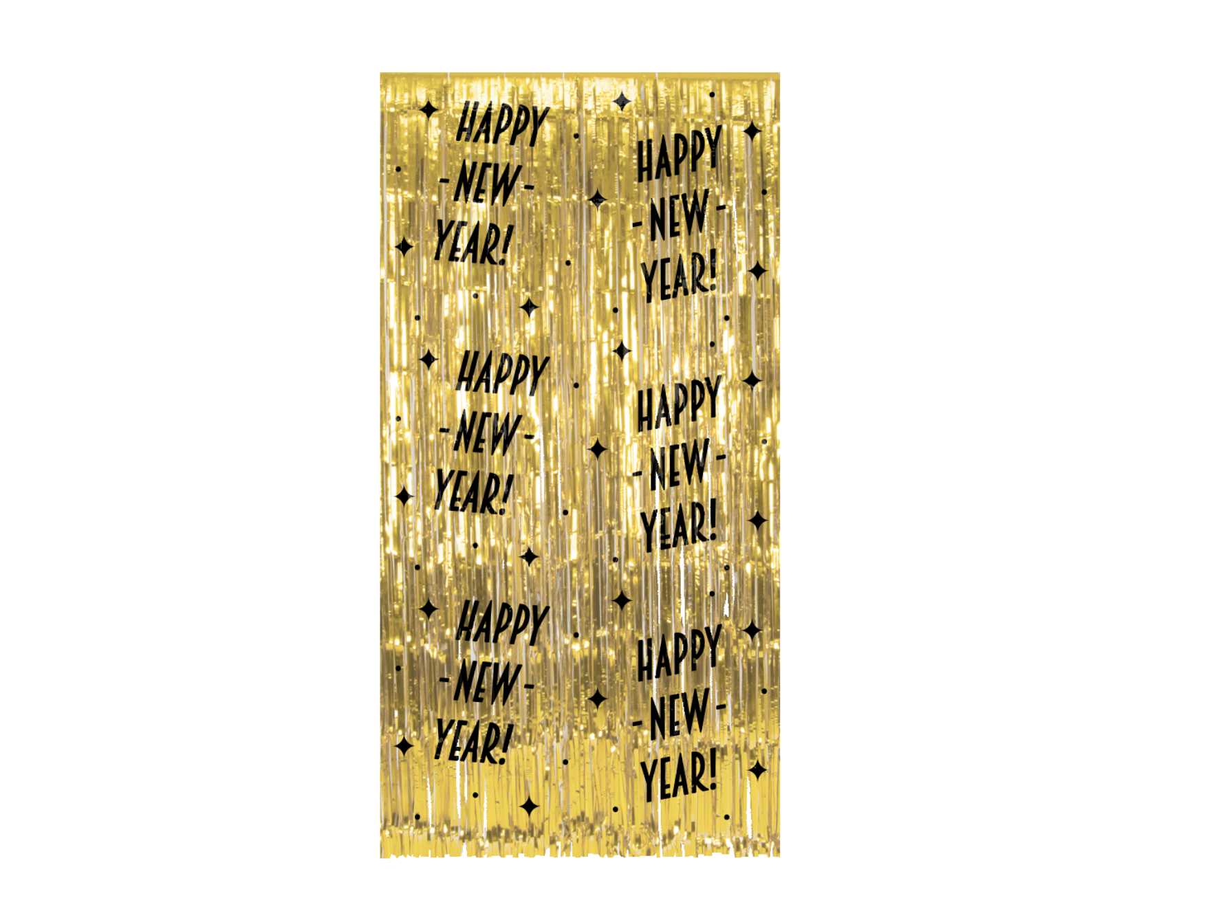 Rideau de franges métalliques de couleur or, imprimé en noir avec le texte "HAPPY NEW YEAR !" et des étoiles. Utilisé comme décoration de fond de fête.