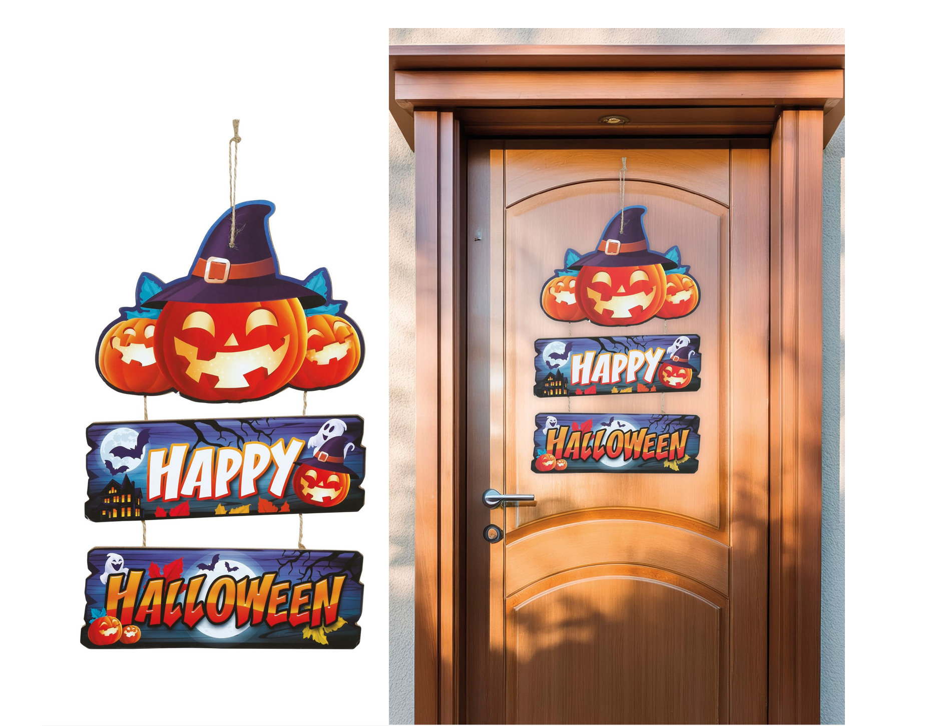 Décoration d'Halloween à suspendre composée de trois panneaux verticaux. Le panneau supérieur montre une citrouille Jack-o'-Lantern coiffée d'un chapeau de sorcière. Les panneaux inférieurs affichent "HAPPY HALLOWEEN" sur un fond de ciel nocturne avec des fantômes et des citrouilles.