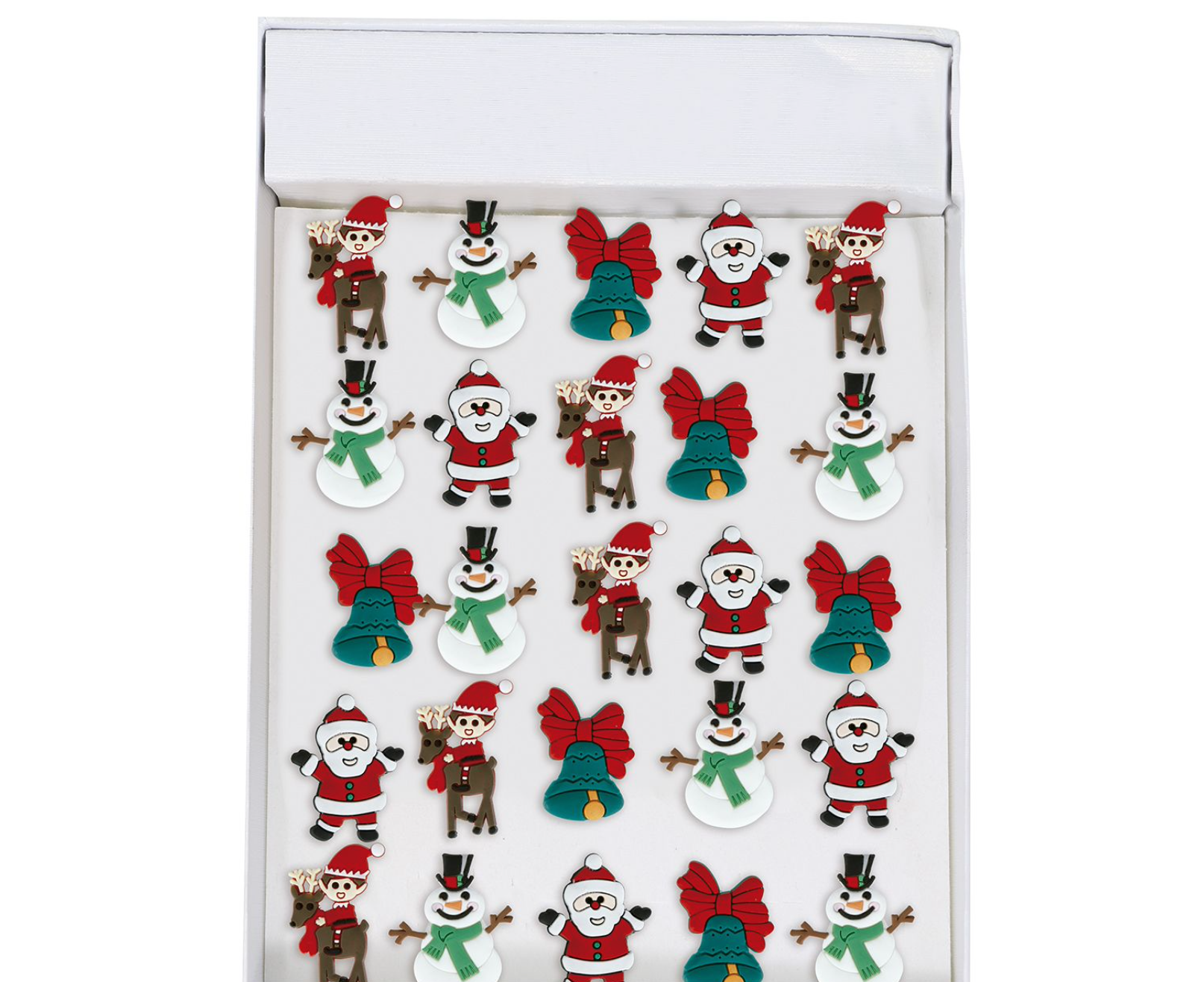 Boîte contenant un assortiment de figurines de Noël (Père Noël, Bonhomme de Neige, Rêne, Cloche) qui sont utilisées pour les bagues lumineuses pour enfants.