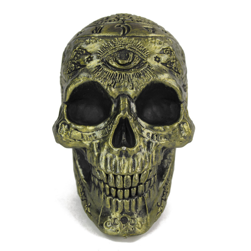 crâne pentagramme doré pour une décoration occulte et mystique ! Parfait pour Halloween ou un thème gothique. Dimensions : 11 x 17 x 16 cm. Ajoutez une touche de magie noire à votre intérieur.