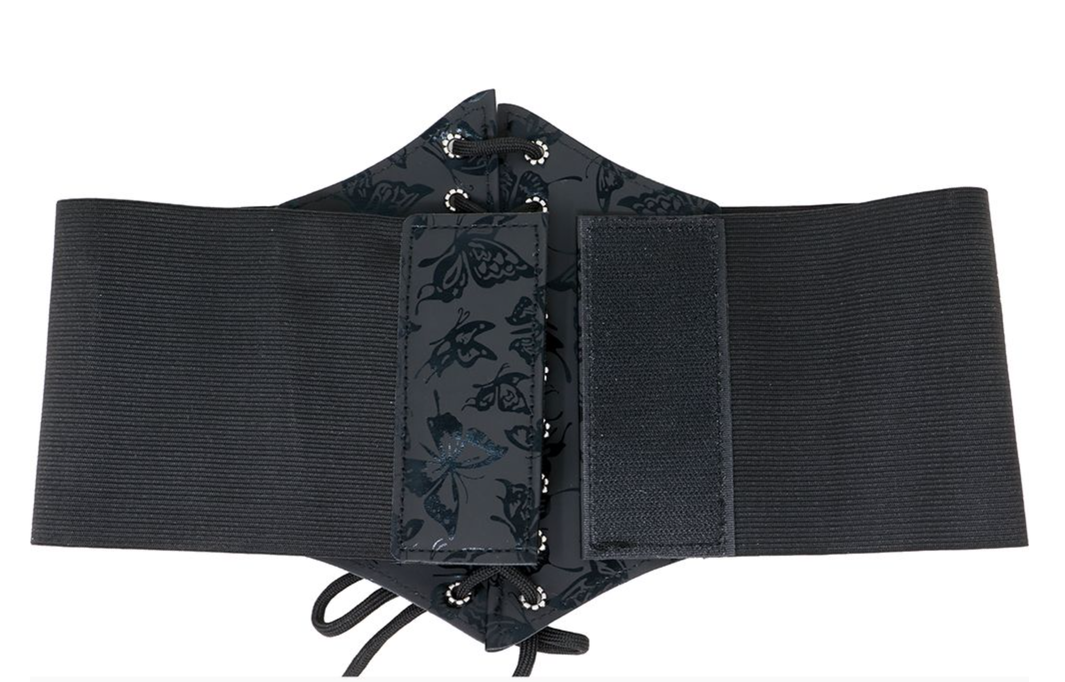 Corset ceinture large de couleur noire, avec un motif de papillons brillants et un laçage frontal pour l'ajustement.