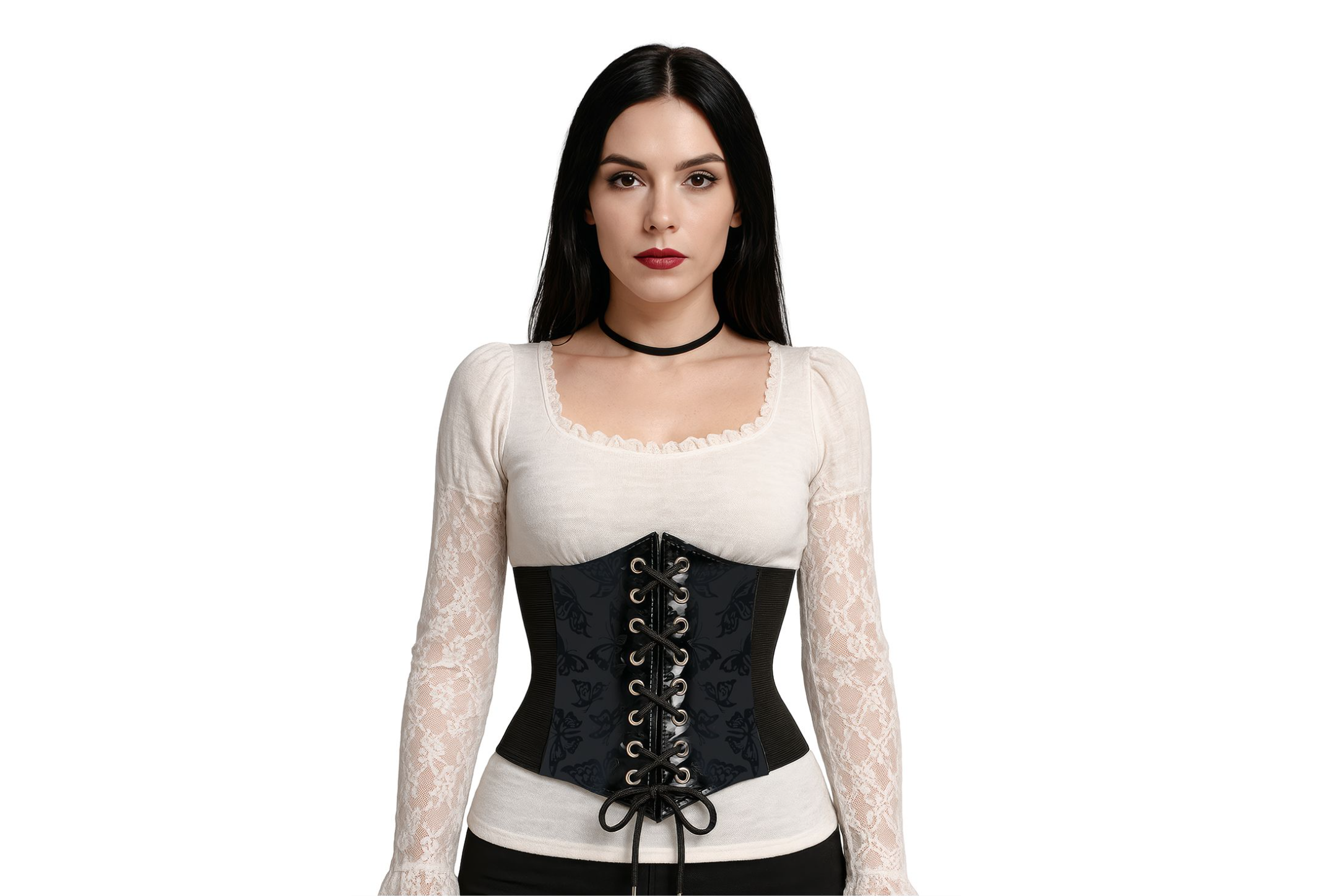Corset ceinture large de couleur noire, avec un motif de papillons brillants et un laçage frontal pour l'ajustement.