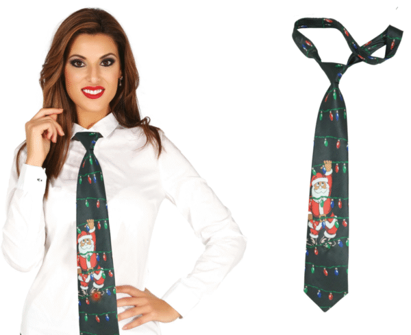 Cravate de Noël fantaisie de couleur sombre, imprimée de motifs de Père Noël et de lumières de Noël, avec fonction d'éclairage LED (lumineuse).
