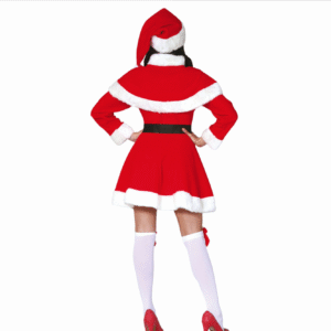 Déguisement de Mère Noël pour femme, comprenant une robe courte rouge, une cape, un chapeau de Père Noël et une ceinture noire, tous bordés de fausse fourrure blanche.