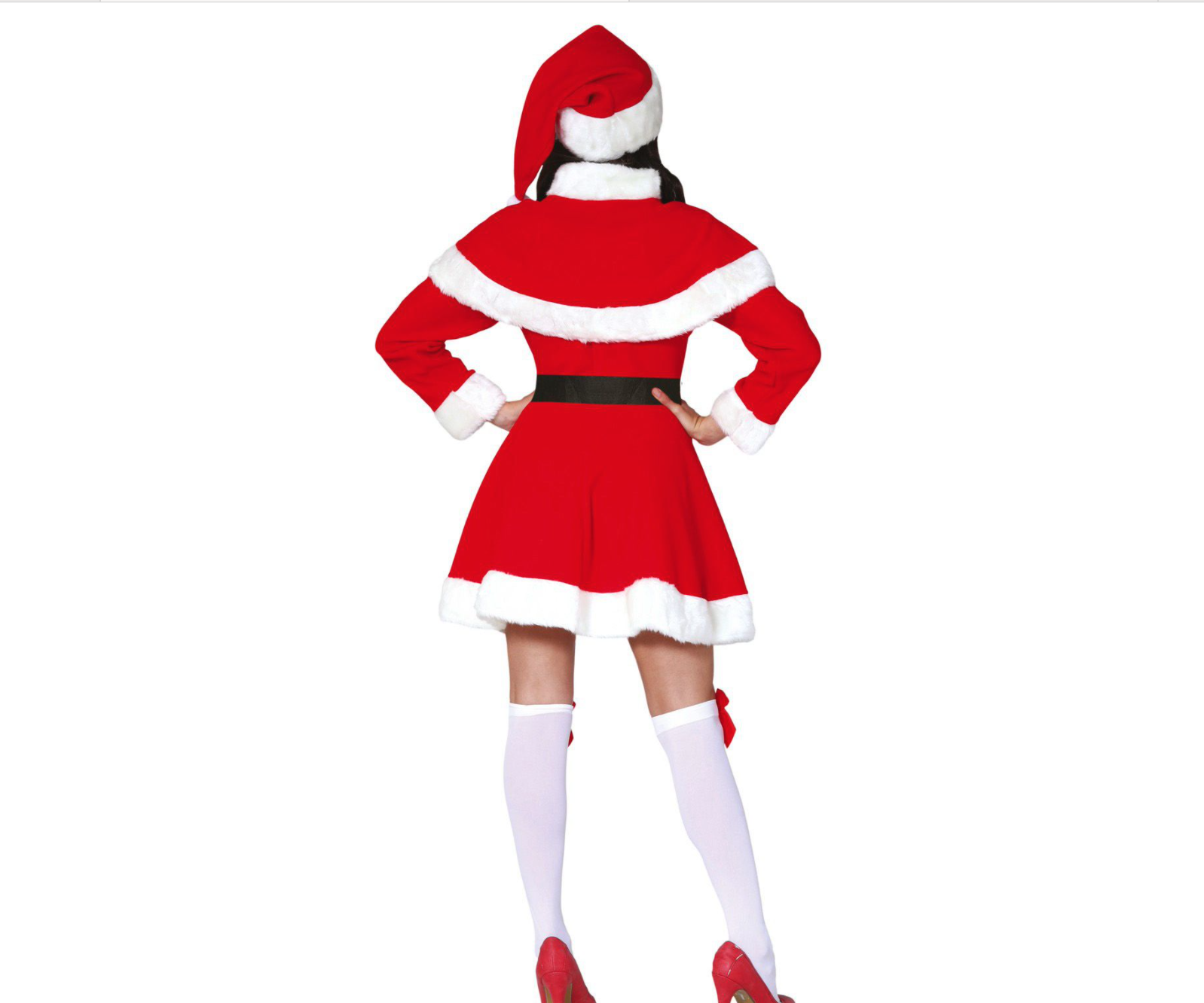 Déguisement de Mère Noël pour femme, comprenant une robe courte rouge, une cape, un chapeau de Père Noël et une ceinture noire, tous bordés de fausse fourrure blanche.