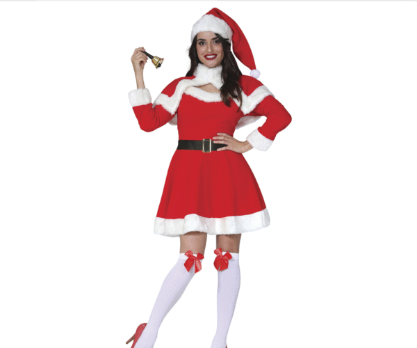 Déguisement de Mère Noël pour femme, comprenant une robe courte rouge, une cape, un chapeau de Père Noël et une ceinture noire, tous bordés de fausse fourrure blanche.