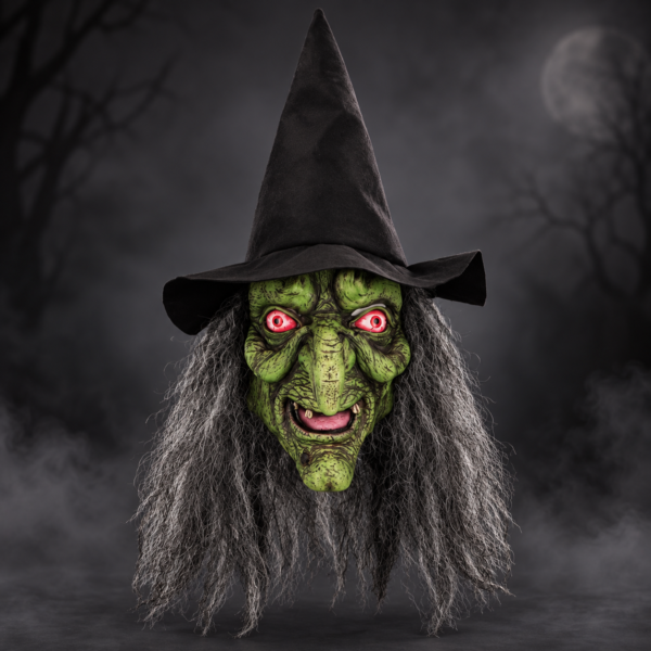Masque de sorcière vert avec cheveux gris et chapeau noir, idéal pour Halloween, soirée déguisée, maison hantée et costume d’horreur.