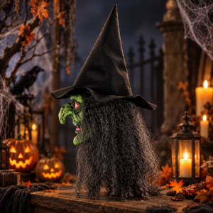 Masque de sorcière vert avec cheveux gris et chapeau noir, idéal pour Halloween, soirée déguisée, maison hantée et costume d’horreur.