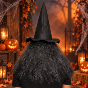 Masque de sorcière vert avec cheveux gris et chapeau noir, idéal pour Halloween, soirée déguisée, maison hantée et costume d’horreur.