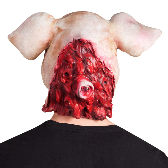 Masque intégral de Cochon Tueur en latex, couleur chair pâle avec des blessures et du faux sang, et des défenses pointues.