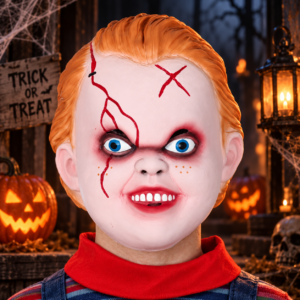 Masque enfant poupée maléfique avec cheveux roux, cicatrices rouges et regard effrayant, idéal pour Halloween, carnaval et soirées déguisées.