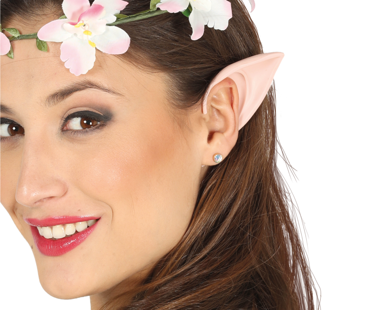 Paire d'oreilles factices pointues de couleur chair, utilisées comme accessoire pour un déguisement d'Elfe ou de créature fantastique.