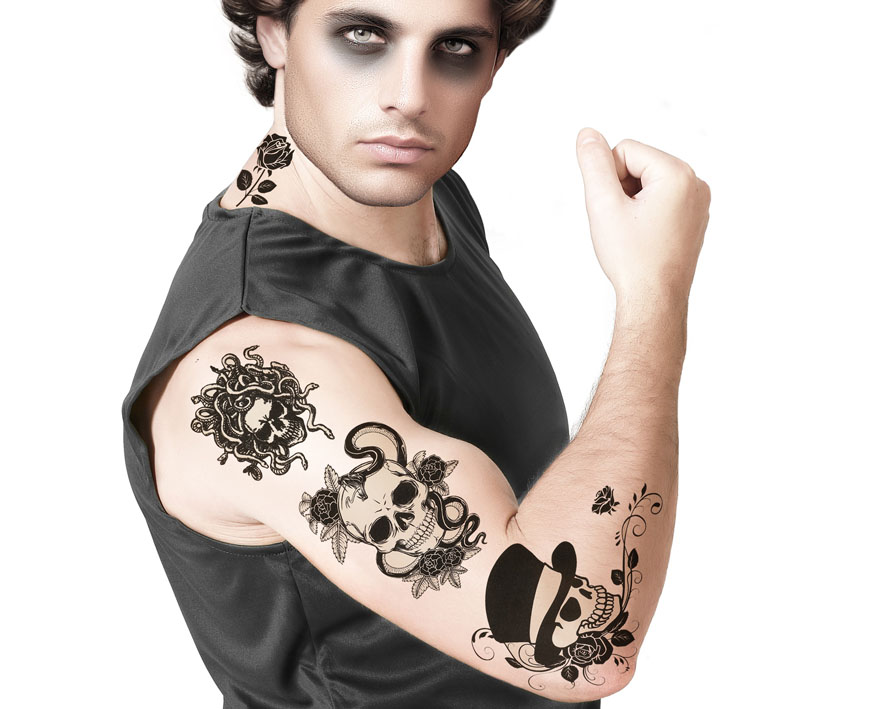 Cet ensemble de Tatouages Temporaires permet de créer instantanément un look d'Halloween sophistiqué et rebelle, sans l'engagement d'un vrai tatouage. Ils sont parfaits pour compléter un déguisement ou ajouter une touche gothique.