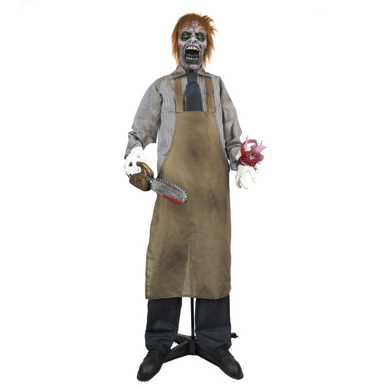Ce Zombie Tronçonneur Animé est une décoration d'Halloween grandeur nature (170 cm) conçue pour créer un effet maximal de terreur
