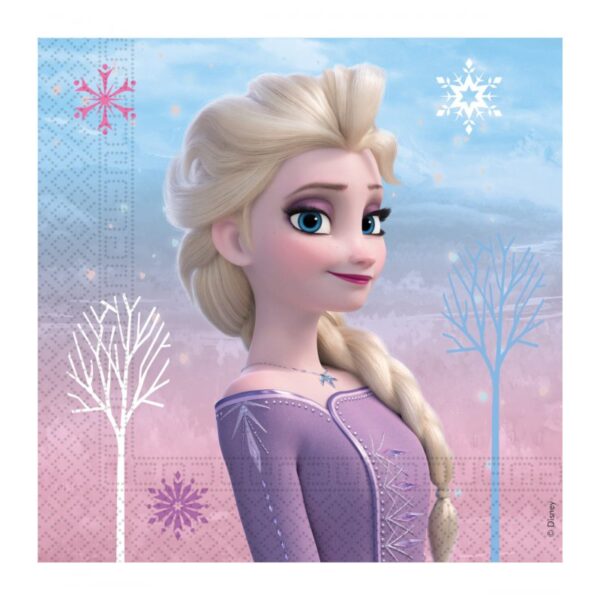 Serviette en papier Disney La Reine des Neiges illustrant le personnage d'Elsa sur un fond bleu et rose avec des flocons de neige.