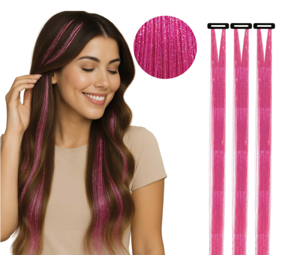 Mèche d'extension de cheveux rose et scintillante (effet glitter) munie d'un clip noir en partie haute