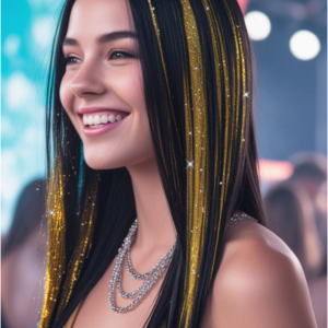 Mèche d'extension de cheveux dorée et scintillante (effet glitter) munie d'un clip noir en partie haute