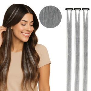 Mèche d'extension de cheveux argent et scintillante (effet glitter) munie d'un clip noir en partie haute