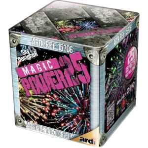 Boîte cubique de feu d'artifice Magic Power 25 de la marque Ardi, illustrée avec des explosions pyrotechniques multicolores.