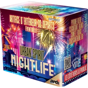 Boîte d'artifice Urban Spirit Fantastik de la marque Ardi, 48 départs, illustrée par un paysage urbain nocturne illuminé de feux d'artifice multicolores.
