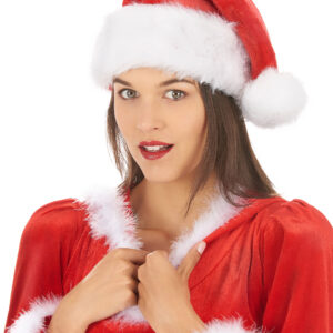 Déguisement de Mère Noël avec Corset pour femme. Robe rouge en velours avec corset noir lacé. Tenue festive et séduisante pour les fêtes de fin d'année.