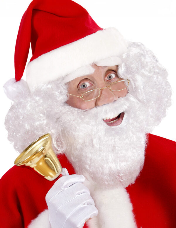 Fausse barbe blanche en fourrure synthétique pour déguisement de Père Noël, avec des attaches et une ouverture pour la bouche.
