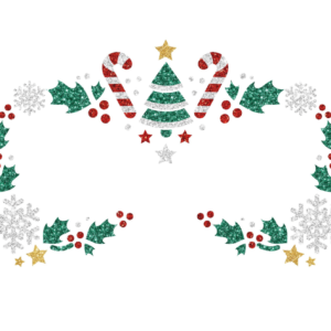 Bijoux de visage éphémères de Noël, formant un motif en arc composé d'un sapin, de cannes à sucre, de houx et de flocons de neige pailletés rouges, verts, blancs et dorés.