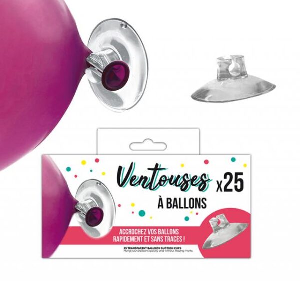 Boîte de 25 ventouses transparentes pour fixer des ballons de baudruche sur des surfaces lisses sans laisser de traces.