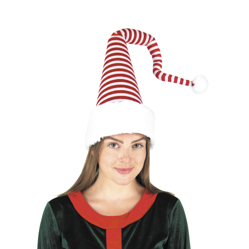 Bonnet de Noël long et pointu, à rayures rouges et blanches (style Candy Cane), avec une bordure en fourrure blanche et un pompon.