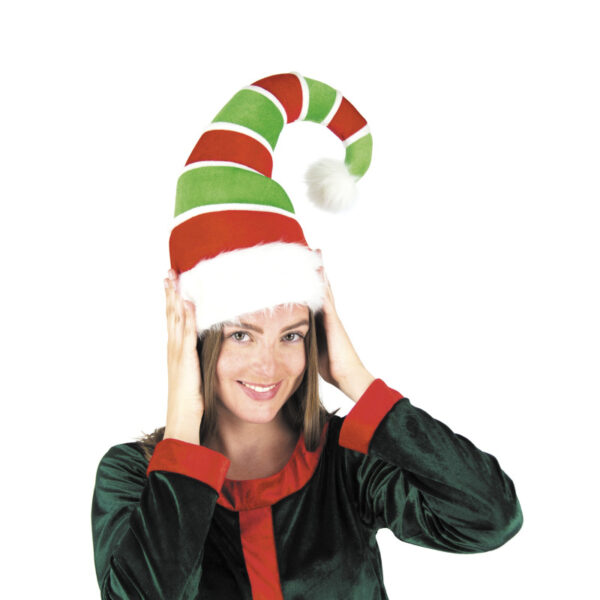Bonnet de Noël long et courbé, à rayures rouges et vertes, avec une bordure en fourrure blanche et un pompon.