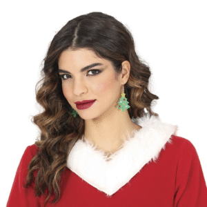 Paire de boucles d'oreilles pendantes en forme de sapin de Noël vert pailleté, décorées de boules et surmontées d'une étoile dorée.