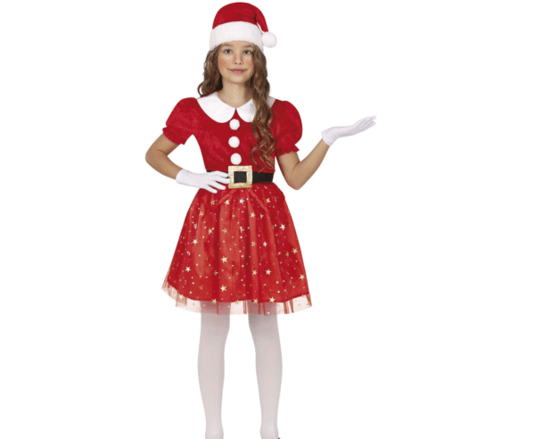 Déguisement de Mère Noël pour fille composé d'une robe rouge avec jupe en tulle à étoiles dorées, d'un chapeau de Noël et d'une ceinture noire.