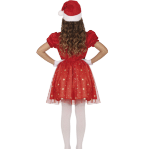 Déguisement de Mère Noël pour fille composé d'une robe rouge avec jupe en tulle à étoiles dorées, d'un chapeau de Noël et d'une ceinture noire.