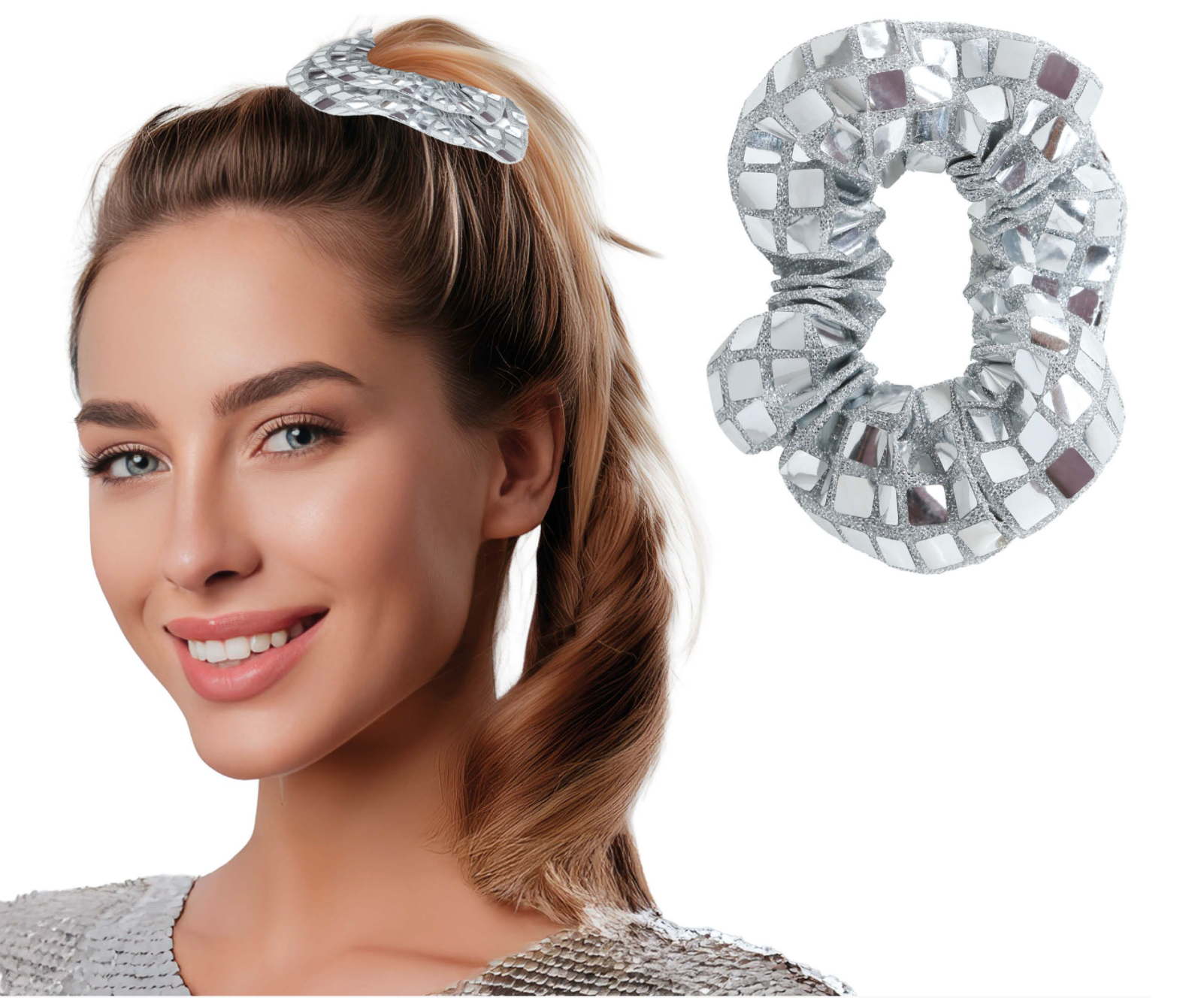 Chouchou à cheveux argenté et scintillant avec une texture à effet miroir rappelant une boule à facettes.