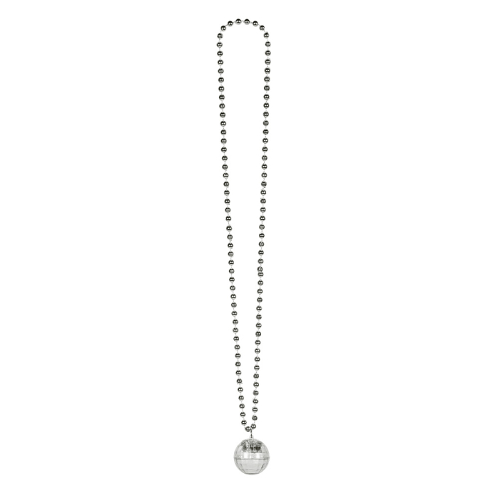 Collier boule Disco lumineuse argenté. Longue chaîne de perles et pendentif boule à facettes. L'accessoire idéal pour vos soirées disco, années 80 ou Nouvel An.
