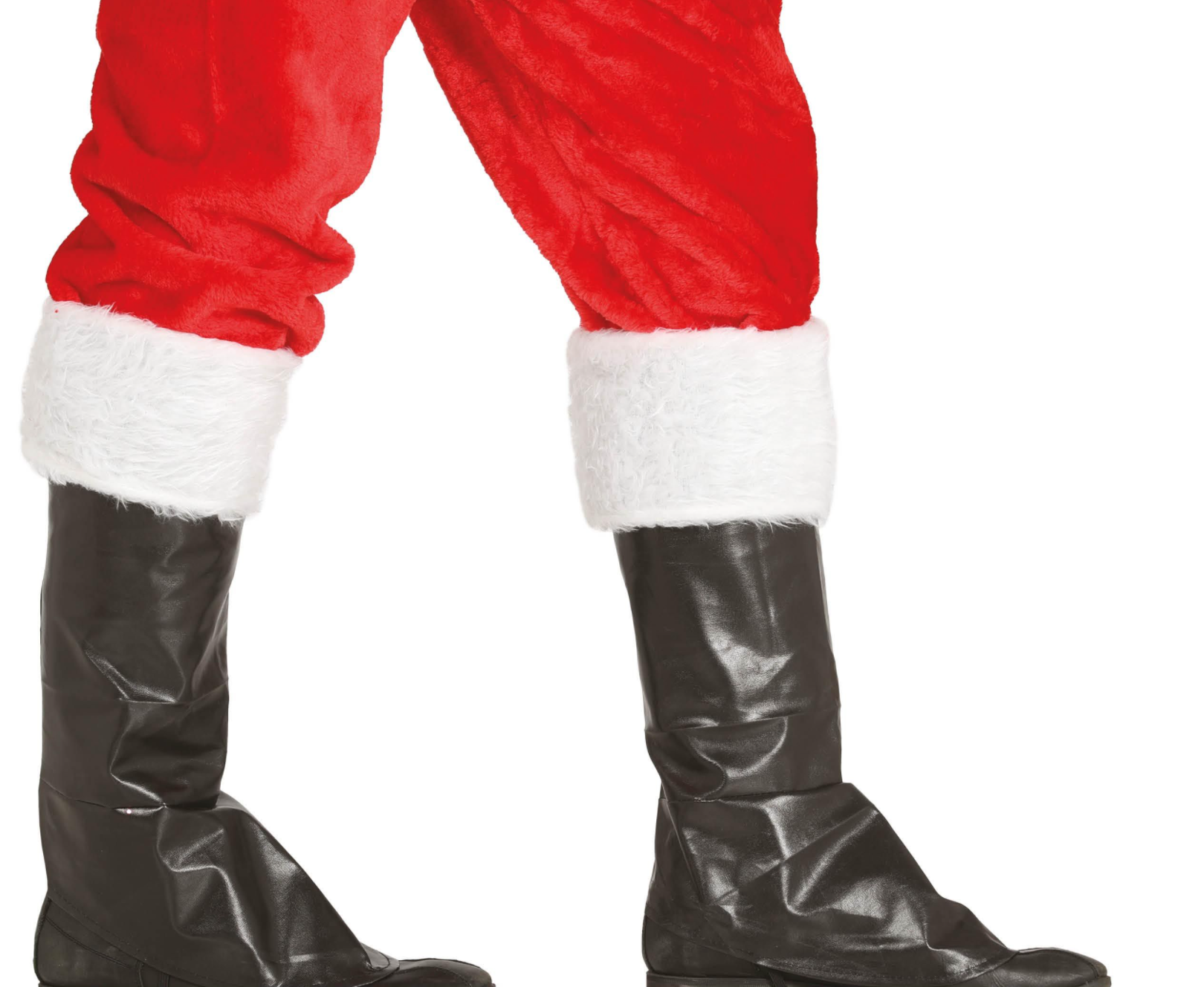 Couvre-bottes de Père Noël en imitation cuir noir brillant avec un large revers en fourrure blanche synthétique sur le haut.