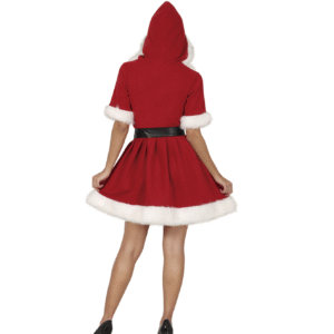 Déguisement de Mère Noël pour adulte composé d'une robe rouge courte avec une jupe évasée, des manches courtes et une capuche, toutes bordées de fausse fourrure blanche, et d'une ceinture noire.