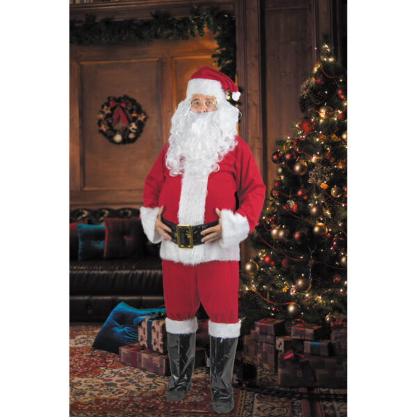 Déguisement complet de Père Noël de couleur rouge en velours, avec bordures en fausse fourrure blanche, une ceinture noire, des couvre-bottes, un bonnet, une perruque et une barbe blanches.