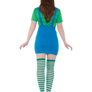 déguisement de plombier vert et bleu, composé d'un t-shirt vert, d'une mini-jupe bleue à bretelles, d'une casquette verte et de bas rayés verts et blancs.