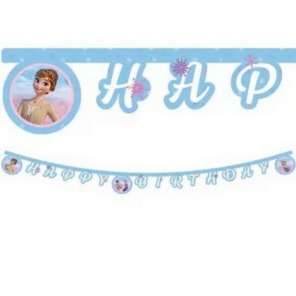 Guirlande d'anniversaire bleue Disney La Reine des Neiges avec inscription Happy Birthday et médaillons illustrant Elsa et Anna.