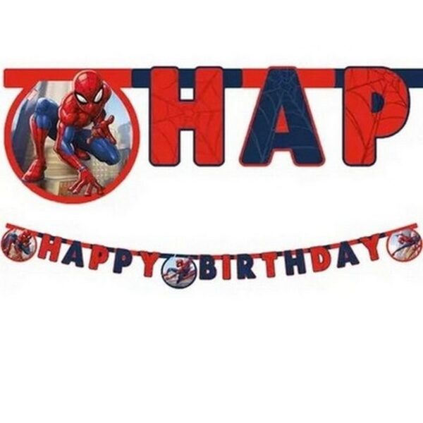 Guirlande d'anniversaire articulée Spider-Man avec inscription Happy Birthday rouge et bleue décorée de toiles d'araignée et de portraits du super-héros.
