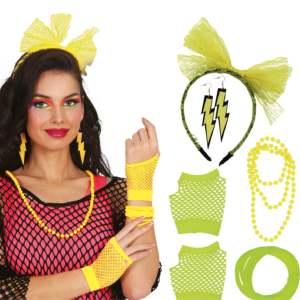 Kit d'accessoires de déguisement années 80 rose fluo comprenant un serre-tête avec nœud en dentelle, des boucles d'oreilles éclair, un collier de perles, des gants résille et des bracelets joncs.