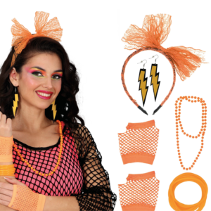 Kit d'accessoires de déguisement années 80 rose fluo comprenant un serre-tête avec nœud en dentelle, des boucles d'oreilles éclair, un collier de perles, des gants résille et des bracelets joncs.