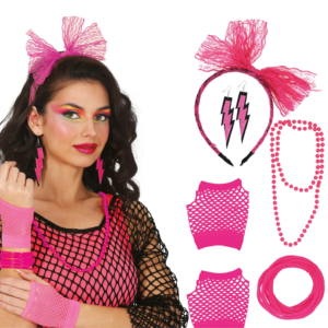 Kit d'accessoires de déguisement années 80 rose fluo comprenant un serre-tête avec nœud en dentelle, des boucles d'oreilles éclair, un collier de perles, des gants résille et des bracelets joncs.