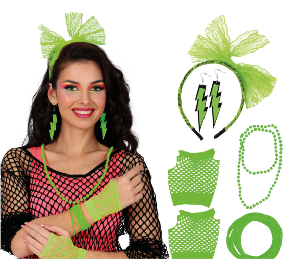 Kit d'accessoires de déguisement années 80 rose fluo comprenant un serre-tête avec nœud en dentelle, des boucles d'oreilles éclair, un collier de perles, des gants résille et des bracelets joncs.