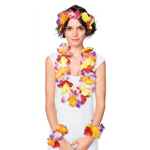 Kit de déguisement hawaïen composé d'une couronne, d'un collier et de deux bracelets de fleurs multicolores dans les tons jaune, orange, rouge, rose et violet.