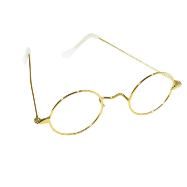 Paire de lunettes rondes avec une monture fine en métal doré et des embouts de branches transparents.