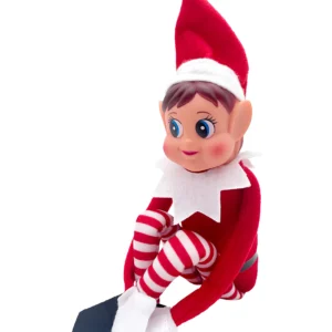 Poupée de lutin farceur version fille avec bonnet rouge, jambes rayées rouge et blanc et visage malicieux.